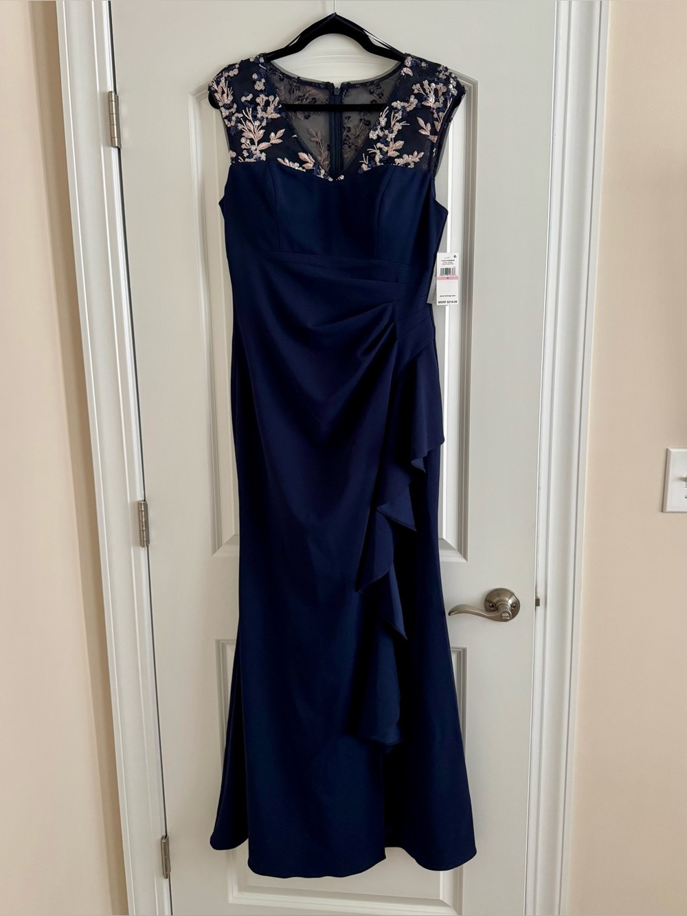 NWT Alex Evenings Long Column Maxi Dress Gown - Navy Blue/Pink Floral Size 10 - Picture 4 of 8